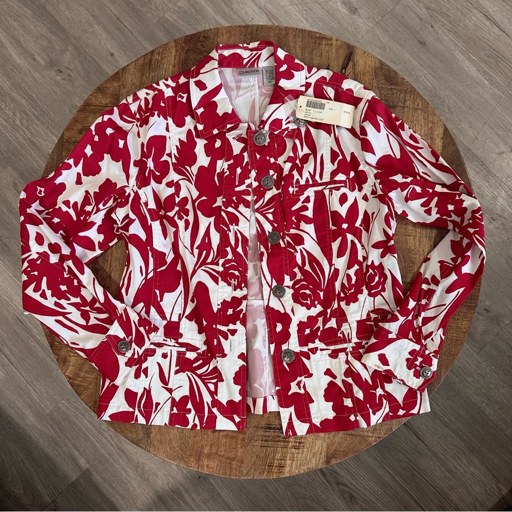 Vintage With Tags Chicos Red & White Foral Shirt Jacket